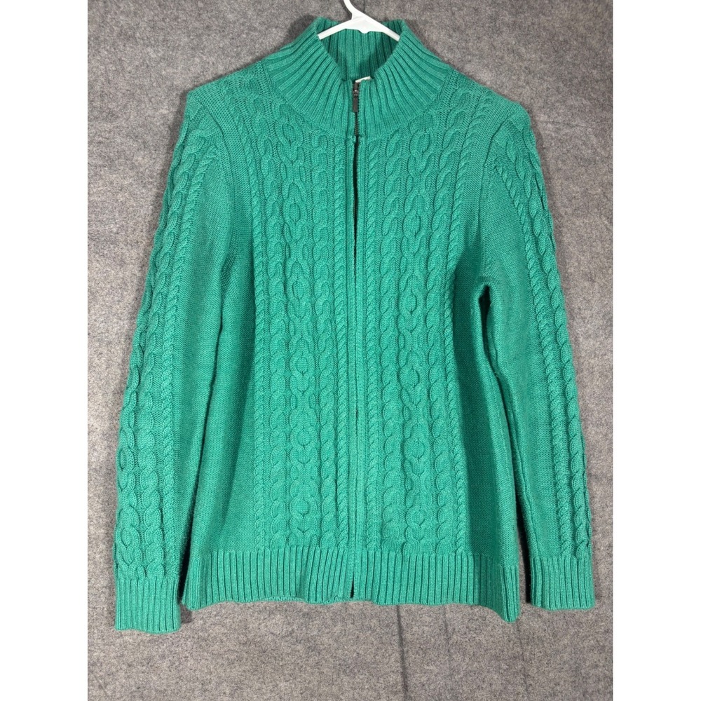 LL Bean Womens Emerald Green Cable Knit Full Zip Cotton Cardigan Sweater M